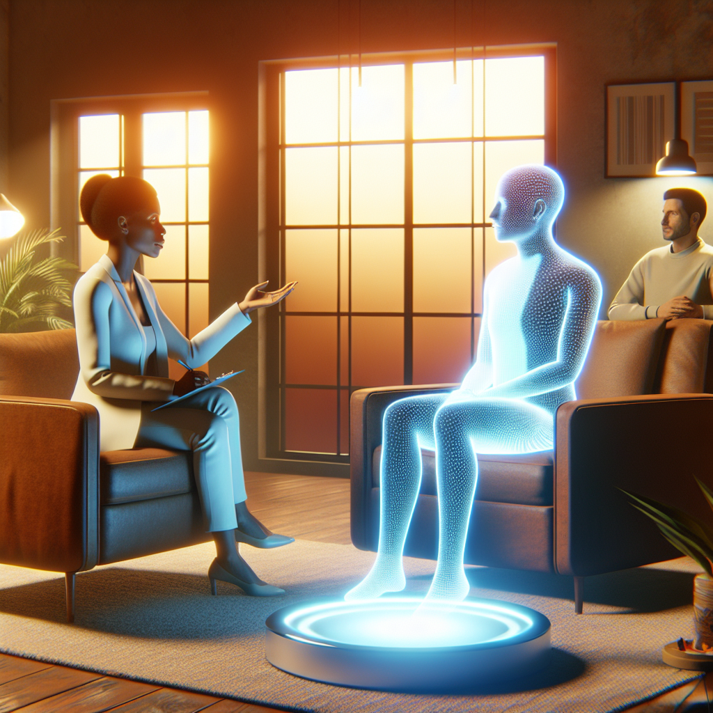 A digital depiction of a futuristic therapy session where AI is seamlessly integrated. The scene features a warm, inviting therapy room with soft lighting. A therapist, a Black woman, and a holographic AI assistant are collaborating to guide a patient, a middle-aged Hispanic man. The AI assistant is represented as a glowing, translucent humanoid figure projected from a sophisticated device on the table. The patient is sitting on a comfortable sofa, appearing calm and attentive. The atmosphere is serene, highlighting the innovative yet compassionate use of technology in mental health treatment.
