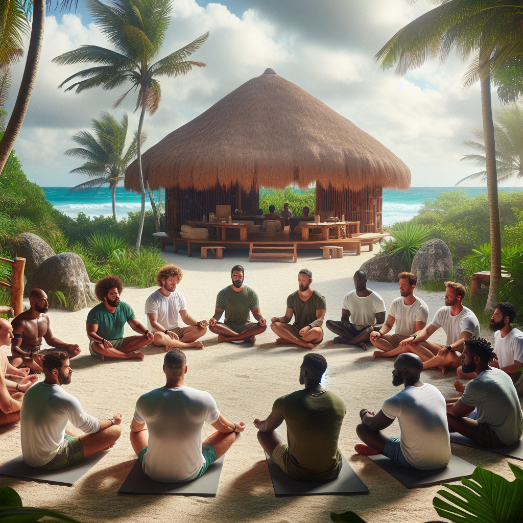 A serene outdoor scene at a men's healing retreat in Tulum, Mexico. The environment features lush green tropical surroundings with palm trees and a beautiful ocean view in the distance. A group of diverse men, representing different descents like Hispanic, Black, White, South Asian, and Middle-Eastern, are gathered in a mindfulness activity, sitting on yoga mats in a semi-circle on soft sand. They are engaged in meditation and deep conversation, radiating calmness and connection. In the background, there is a rustic open-air structure made of wood and thatched roofs, adding to the tranquil atmosphere. The depiction is peaceful, inclusive, and focuses on healing and mindfulness.