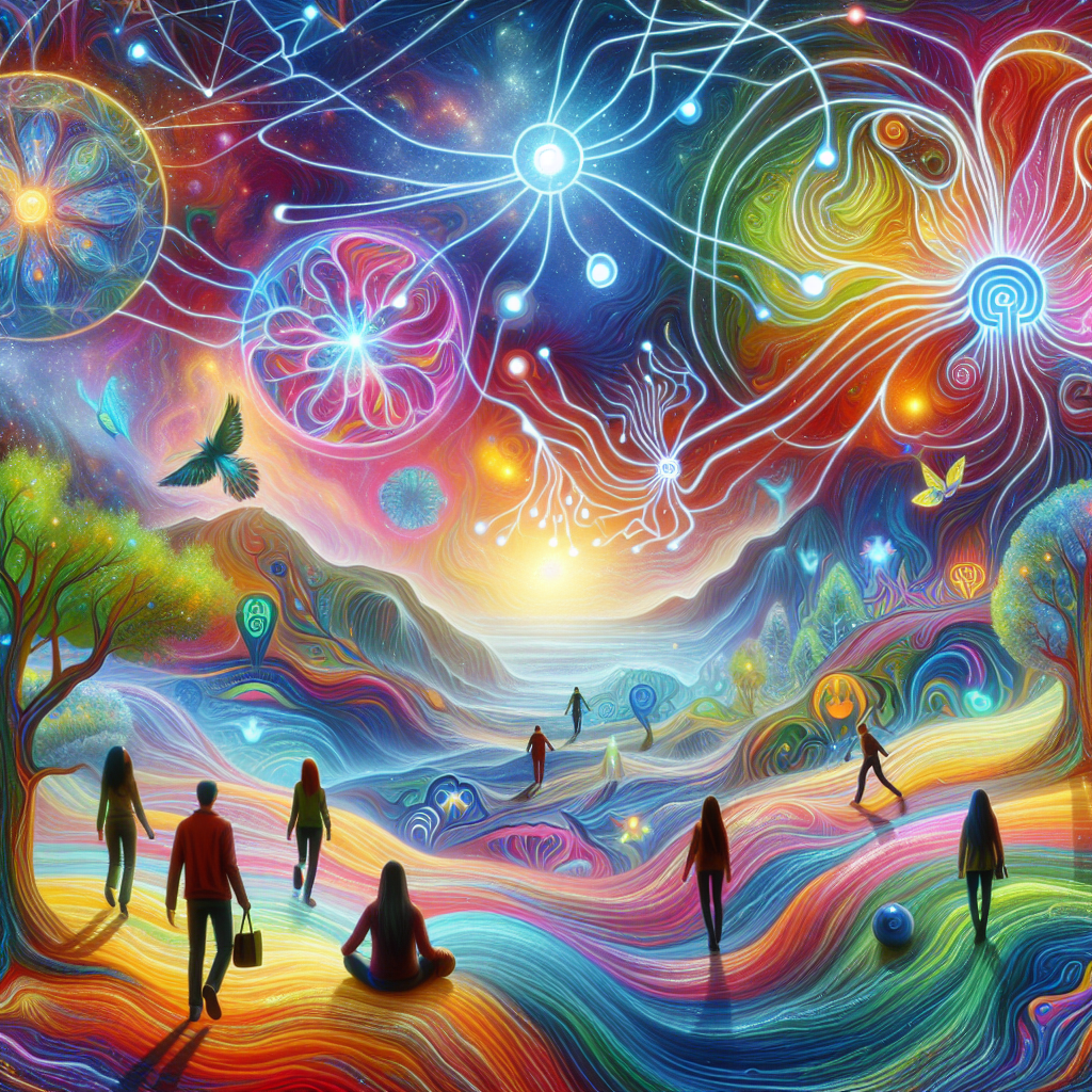 Create a visually rich and inspiring image for an article about psychedelics fostering connection. Depict a vibrant, surreal landscape filled with colorful patterns, interconnected symbols, flowing energy lines, and glowing natural elements that evoke a sense of wonder and unity. Show individuals of diverse descents and genders exploring the scenery, smiling, and being captivated by the visuals. Integrate abstract representations of neural connections in the air and harmonious blending of natural forms like trees, stars, and flowing water. Ensure characters are wearing casual attire and keep the atmosphere serene and uplifting.