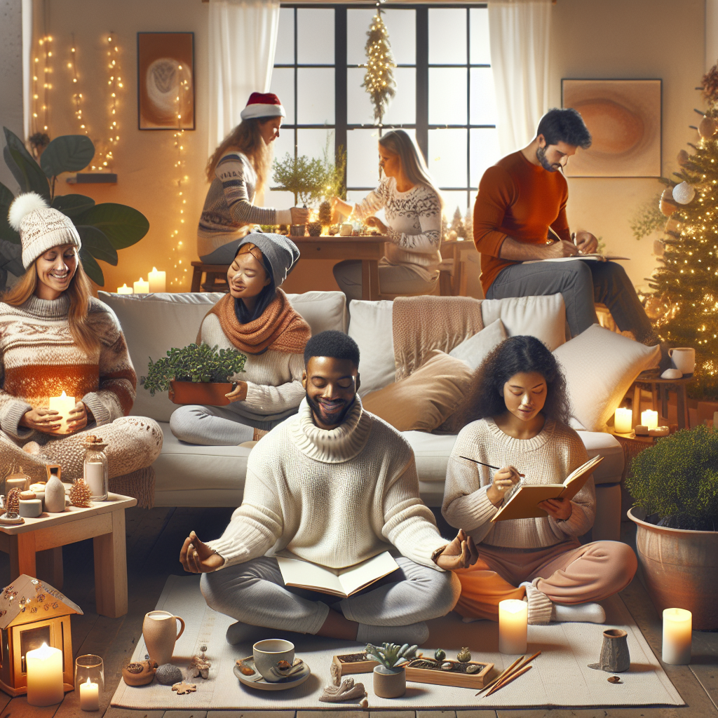 A warm and inviting holiday scene with a diverse group of happy people engaged in relaxing activities to highlight mental health tips during seasonal festivities. The centerpiece of the image is a cozy living room with soft lighting from fairy lights and a decorated Christmas tree. The group includes a Caucasian man meditating, a Black woman journaling, a South Asian man sipping tea while reading, and a Hispanic woman painting quietly. In the background, a Middle-Eastern man is calmly watering indoor plants, and a White woman is arranging fresh flowers. Everyone is dressed in comfortable, casual winter clothes. The surroundings are decorated in a calming color palette with greenery and neutral tones to evoke peace and joy. The overall mood captures a tranquil yet festive holiday spirit.
