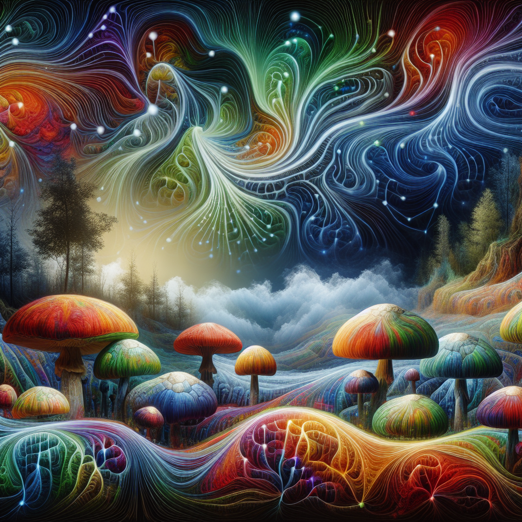 Create an artistic depiction highlighting the theme of psychedelic mushrooms and mental health. The image features an array of colorful, vibrantly detailed mushrooms surrounded by abstract, dreamlike patterns symbolizing consciousness and the complexities of the human mind. These patterns resemble neural connections and emotional waves. The scene should reflect both the potential benefits and risks—healing tones like soft blues and greens merge with slightly ominous elements like shadows or fragmented lines in hues of deep red. Include a serene landscape in the background, possibly a forest glade, to ground the scene in nature.