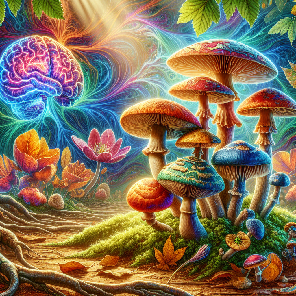 A detailed illustration showing a variety of colorful and realistic psychedelic mushrooms, including species with vibrant caps and unique shapes. The mushrooms are depicted growing on a forest floor surrounded by moss, fallen leaves, and tree roots, emphasizing a natural setting. In the background, abstract, vivid patterns resembling brain synapses and neural connections provide an artistic representation of mental health research. The scene is illuminated with warm light, adding depth and focus to the subjects. The image symbolizes the balance of benefits and risks of psychedelics, blending nature with science through subtle and harmonious connections.