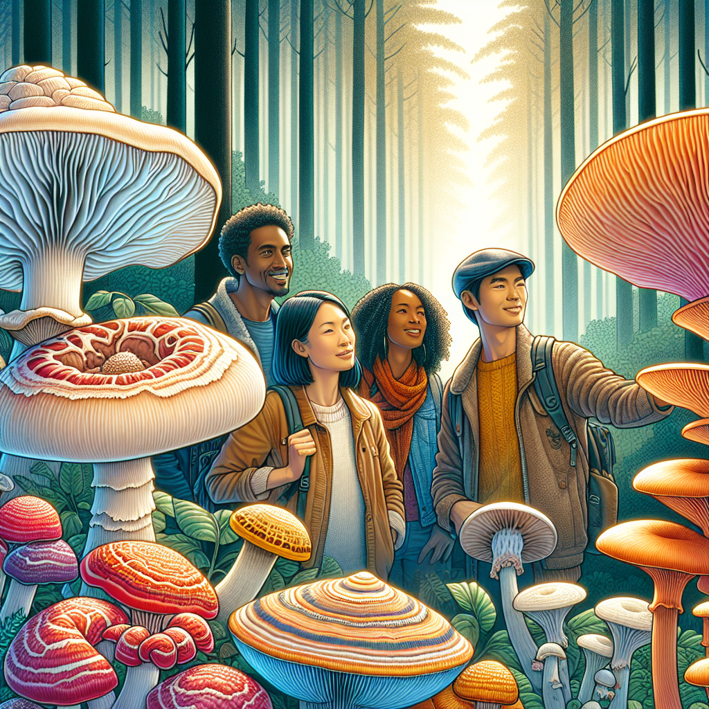 Create a detailed illustration of various mushrooms with vibrant colors and intricate designs, set against a serene and slightly mystical forest backdrop. The scene should radiate tranquility, with soft natural lighting filtering through the trees. Include a diverse group of people (a Caucasian man, a Black woman, a Hispanic man, an Asian woman) enjoying the beauty of nature while looking at the mushrooms and smiling gently. The mushrooms should include unique shapes and sizes, covering a range of types often associated with wellness and happiness, like lion's mane and reishi. The people should be dressed casually in earthy-toned clothing.