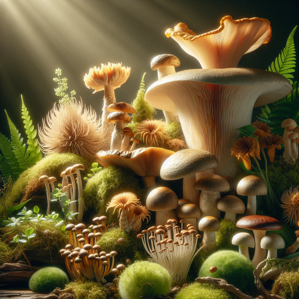 A detailed image featuring an assortment of mushrooms in their natural habitat, emphasizing earthy tones and vibrant colors. Include varieties such as lion's mane, cordyceps, and reishi mushrooms. The setting should resemble a serene, moss-covered forest. Highlighting close-up details of mushroom caps, gills, and textures under dappled sunlight. Surrounding the mushrooms are green plants, soft moss, and minimal wildflowers giving a calming and mood-enhancing atmosphere. The scene conveys the natural connection between mushrooms and wellness. A balanced and visually relaxing composition.