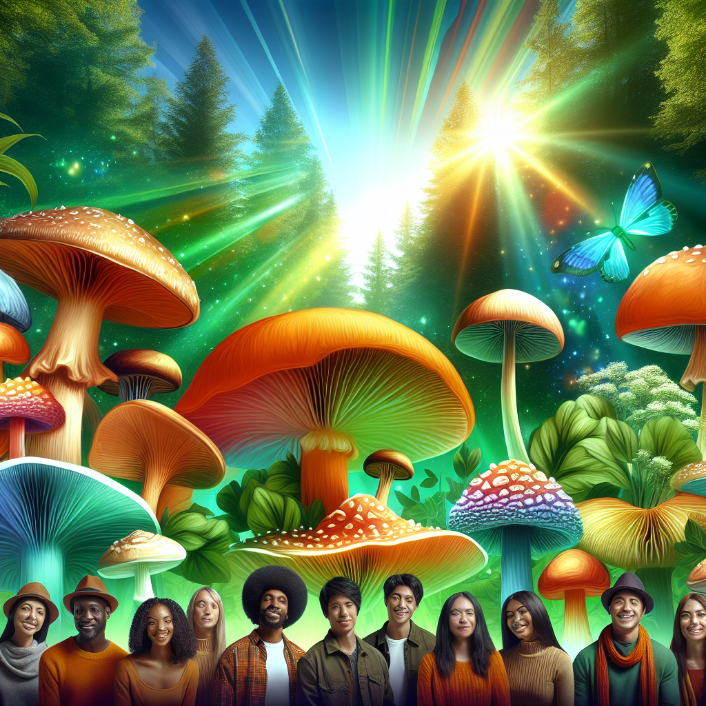 A vibrant and artistic depiction of mushrooms as mood enhancers in a tranquil and cheerful setting. The image features a serene forest with a variety of colorful mushrooms like shiitake, chanterelle, and oyster mushrooms growing amidst lush greenery. The scene includes beams of sunlight filtering through the trees, creating an uplifting and warm atmosphere. A diverse group of people, including individuals of Black, Hispanic, Caucasian, South Asian, and Middle-Eastern descent, are gathered in this environment wearing casual clothing, some smiling and interacting happily while enjoying the natural beauty. A sense of effortless happiness and well-being is emphasized through their expressions and the glowing ambiance.